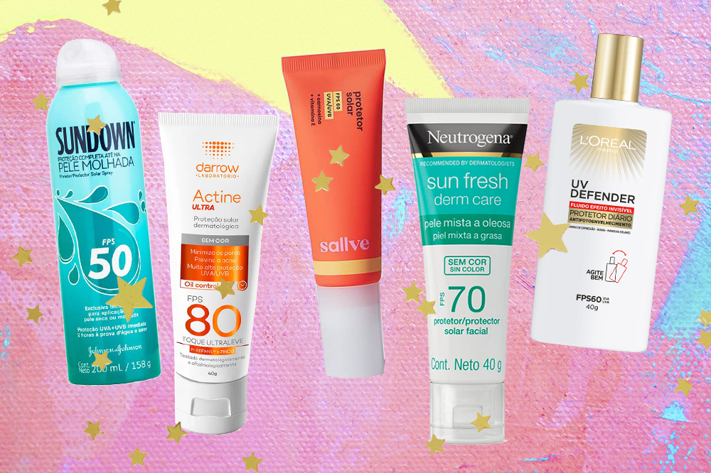 Montagem em fundo rosa, amarelo e azul com cinco protetores solares