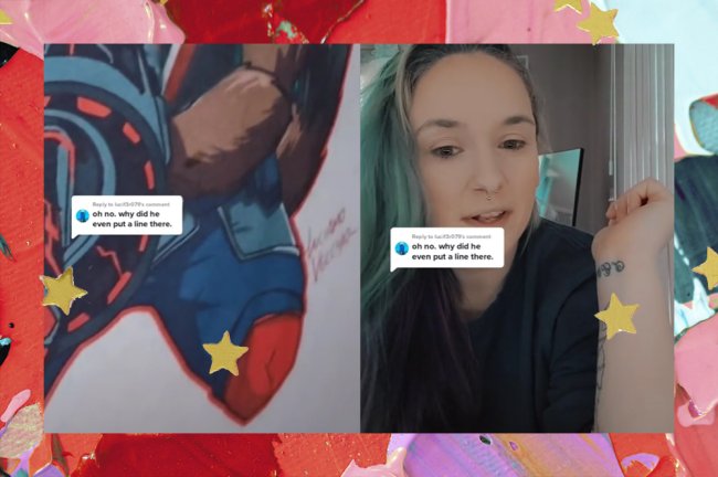 Prints do TikTok de uma menina mostrando sua nova tatuagem inspirada no Rocket Raccoon, personagem da Marvel