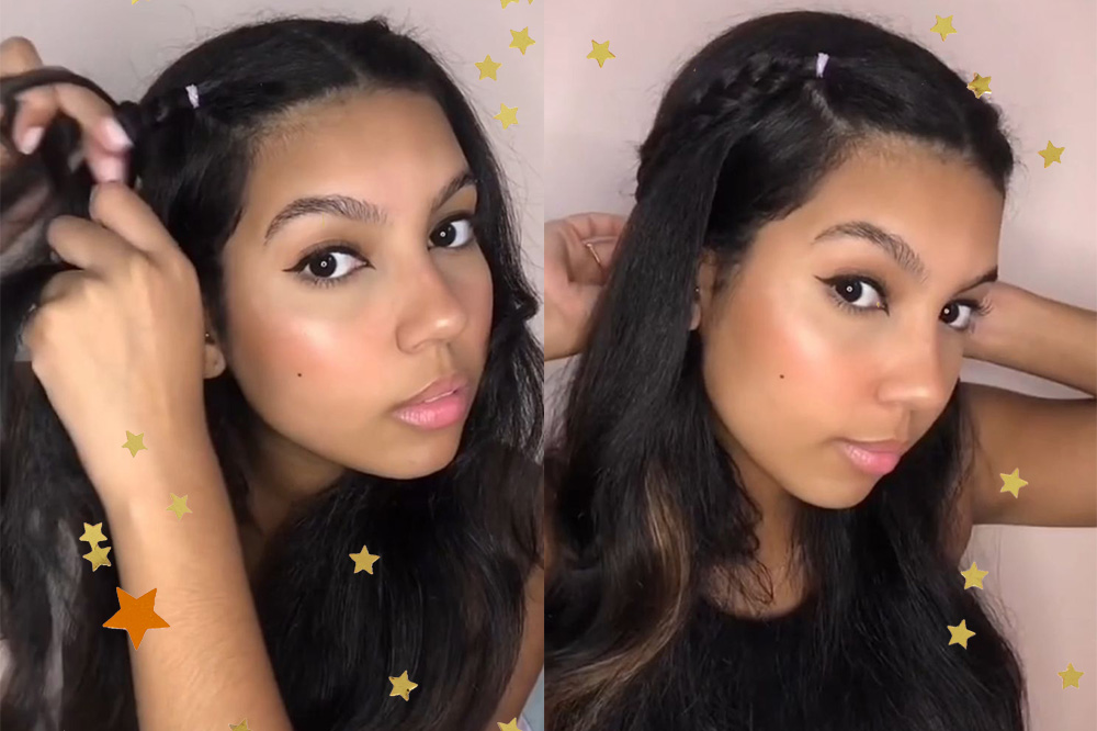 Tutorial-penteados- fáceis-e-incríveis-para-você-arrasar-noo-Lollapalooza Montagem mostra, de uma lado, Adrieny Magalhães usando regata preta e olhando para a câmera com expressão leve. No cabelo ela faz uma trança fina frontal. De outro, ela prendendo um trança de cada lado na parte traseira do cabelo. Olha em direção à câmera com expressão serena e sorridente, com olhos delineados.