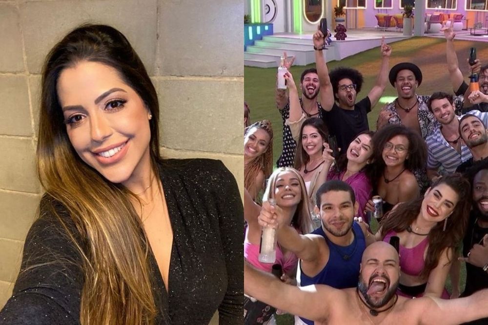 Selfie de Laís e foto do elenco do BBB22 no gramado da casa.