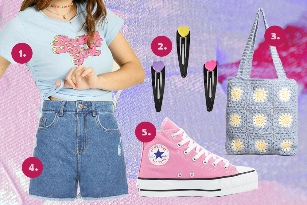 look-lollapalooza-2022-01 Montagem com fundo em tons de roxo e sugestões de peças para o Lollapalooza: blusa, short jeans, presilhas, tênis rosa e bolsa de crochê floral