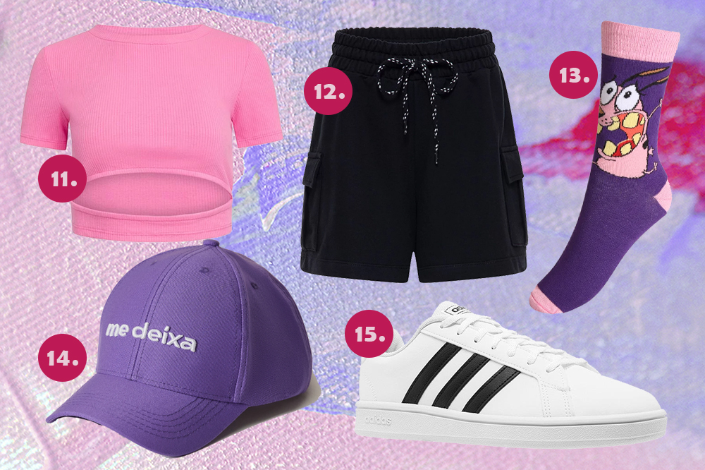 look-lollapalooza-2022-03 Montagem com fundo em tons de roxo e sugestões de peças para o Lollapalooza: blusa rosa, short preto, meia divertida, boné roxo e tênis branco