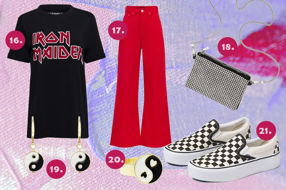 look-lollapalooza-2022-04 Montagem com fundo em tons de roxo e sugestões de peças para o Lollapalooza: camiseta do Iron Maiden, calça vermelha, bolsa de strass, brinco e anel yin-yang e tênis slip-on xadrez
