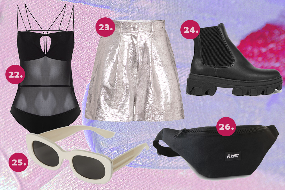 look-lollapalooza-2022-05 Montagem com fundo em tons de roxo e sugestões de peças para o Lollapalooza: body preto em tule, short prata, bota chelsea preta, óculos de sol e pochete preta