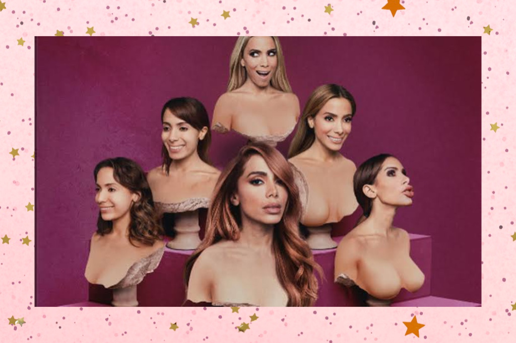 foto da capa do album da anitta "versions of me" com fotos de várias versões e rostos da anitta