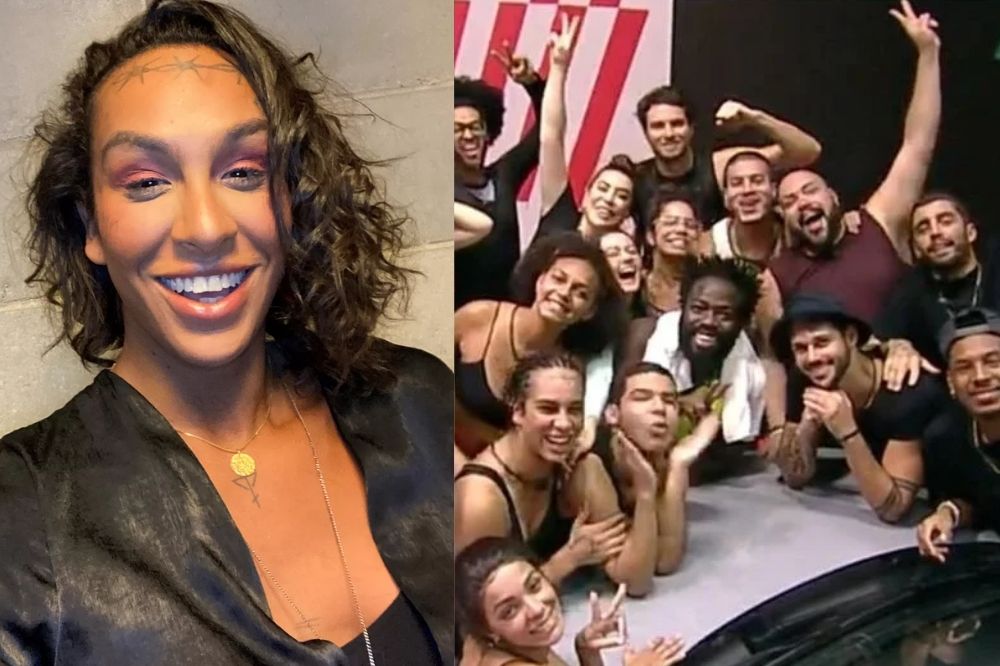 Duas imagens; na primeira uma selfie de Lina e na segunda o elenco do BBB22 posando para foto