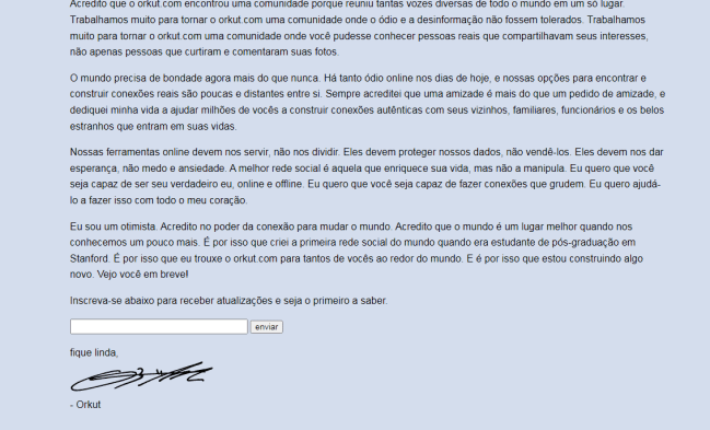 Print de uma página da internet com o fundo azul seguido de um texto assinado.