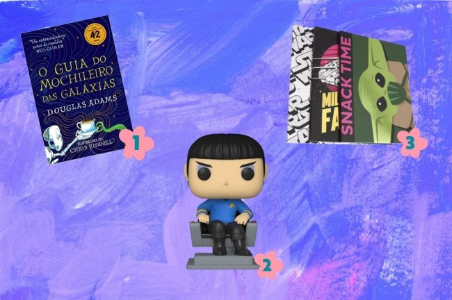 Livro, boneco e conjunto de cadernos