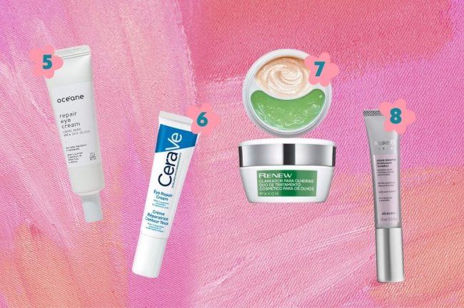 produtos-de-beleza-para-cuidar-da-regiao-dos-olhos-2 Montagem com o fundo rosa e indicação de 4 cremes para cuidados na região dos olhos.