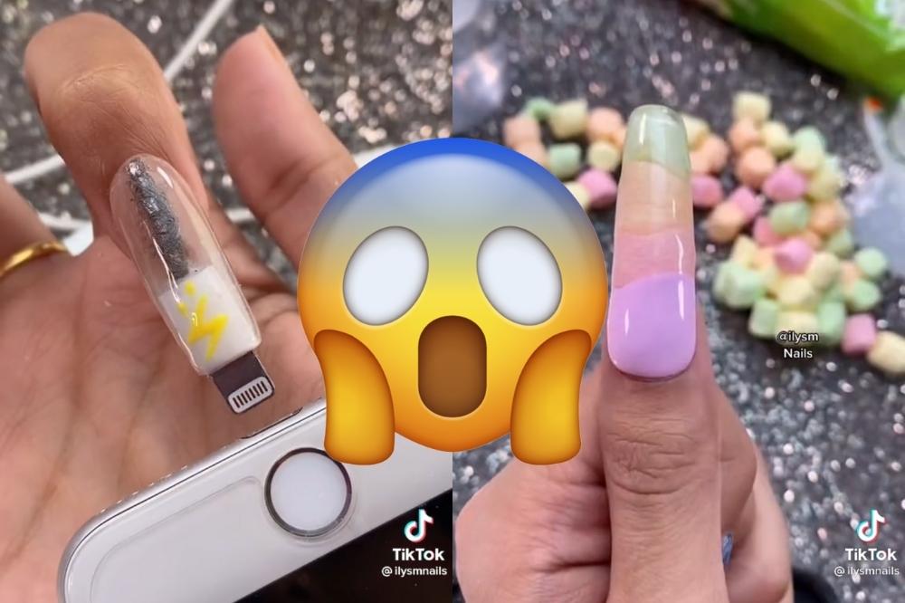 Montagem com uma nail art com cabo USB do lado esquerdo e nail art com marshmallow do lado direito com um emoji de surpresa no centro.