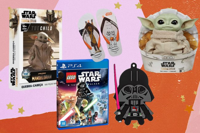 star wars 2 Produtos de Star Wars em um fundo colorido em rosa e laranja com estrelas amarelas como decoração