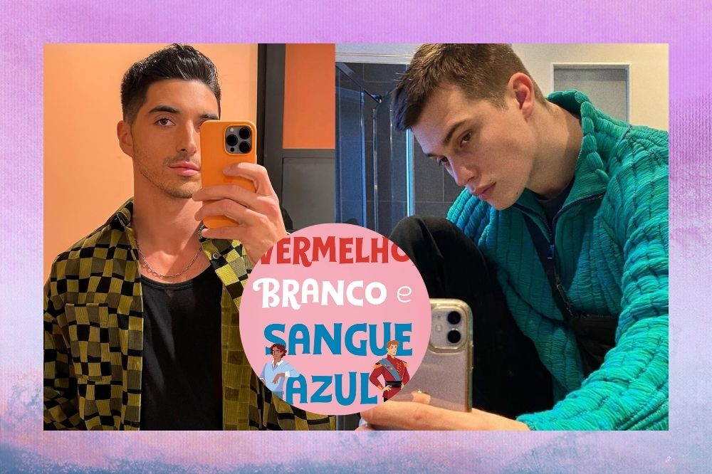 Duas selfies de Taylor Zakhar Perez e Nicholas Galitzine no espelho; eles estão com expressões sérias e a capa do livro aparece em um círculo central entre as duas fotos; a margem é uma textura em tons de rosa, roxo, branco e azul