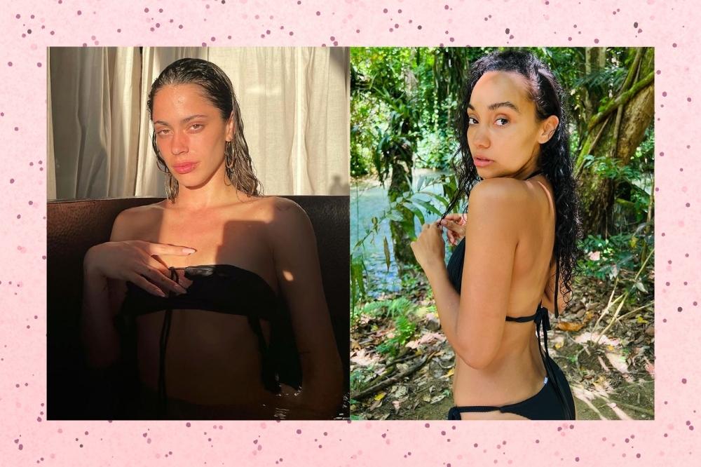 Montagem com o fundo rosa com bolinhas e duas imagens no centro de famosas. Do lado direito é uma foto de Tini Stoessel sem maquiagem e de biquíni preto. Do lado direito é uma foto da Leigh-Anne Pinnock de Little Mix sem maquiagem e também com biquíni preto. Ambas olham para a câmera e não sorriem.