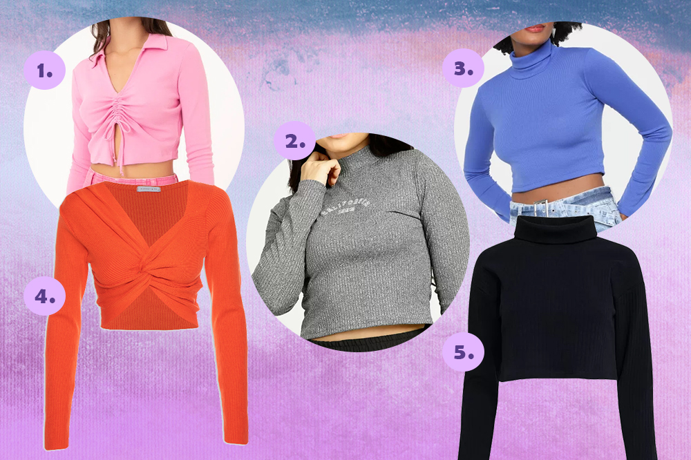 blusa-cropped-manga-longa-01 Montagem em fundo degradê roxo e azul com cinco opções de blusa cropped de manga longa