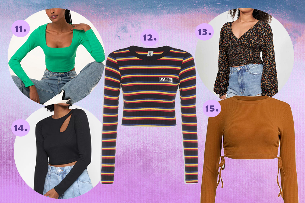 blusa-cropped-manga-longa-03 Montagem em fundo degradê roxo e azul com cinco opções de blusa cropped de manga longa