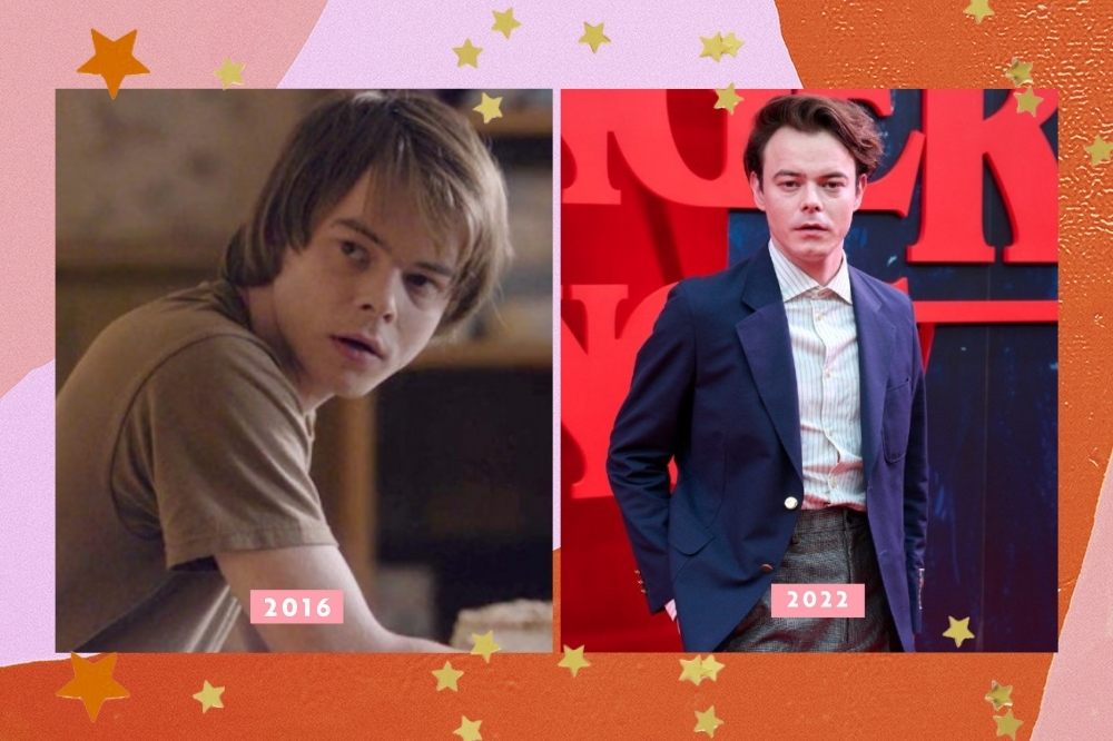 charlie stranger things Charlie Heaton em 2016 e, atualmente, em 2022.Montagem com borda colorida com as cores laranja rosa e estrelas mostrando as diferenças na aparência do elenco de stranger things.