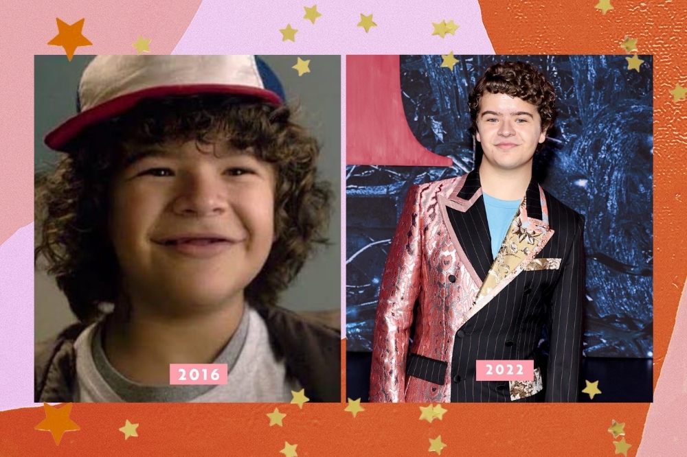 Gaten Matarazzo em 2016 e, atualmente, em 2022.Montagem com borda colorida com as cores laranja rosa e estrelas mostrando as diferenças na aparência do elenco de stranger things.