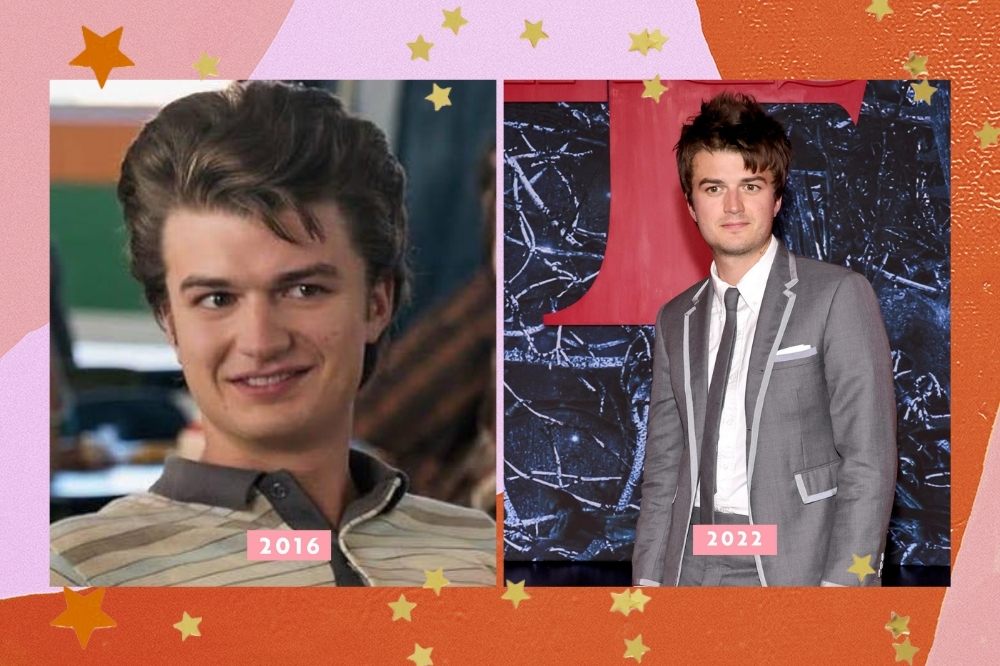 joe keery stranger things Joe Keery em 2016 e, atualmente, em 2022.Montagem com borda colorida com as cores laranja rosa e estrelas mostrando as diferenças na aparência do elenco de stranger things.