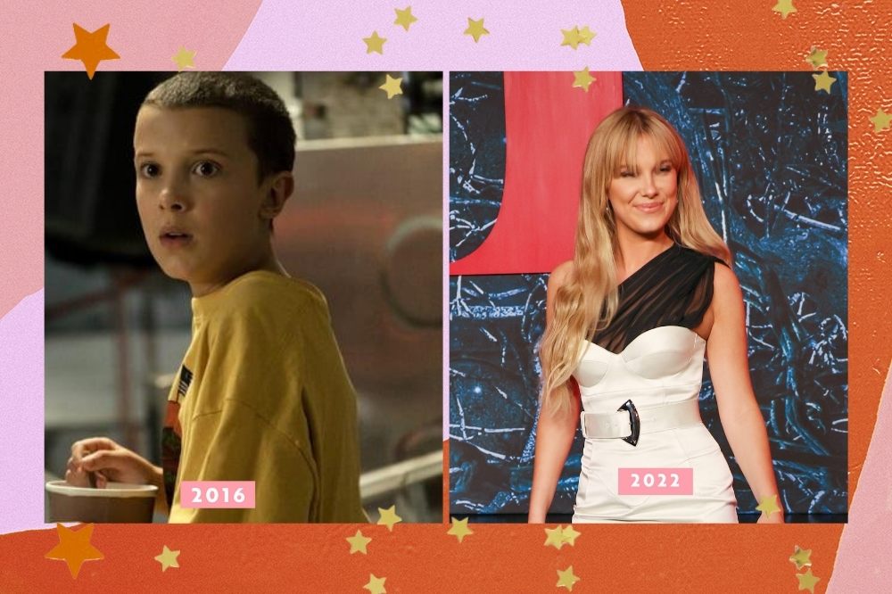millie bobby brown stranger things Millie Bobby Brown em 2016 e, atualmente, em 2022.Montagem com borda colorida com as cores laranja rosa e estrelas mostrando as diferenças na aparência do elenco de stranger things.