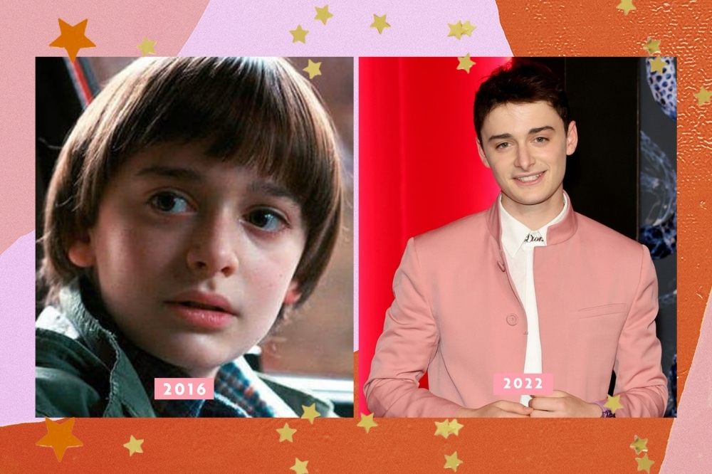 Noah Schnapp em 2016 e, atualmente, em 2022.Montagem com borda colorida com as cores laranja rosa e estrelas mostrando as diferenças na aparência do elenco de stranger things.