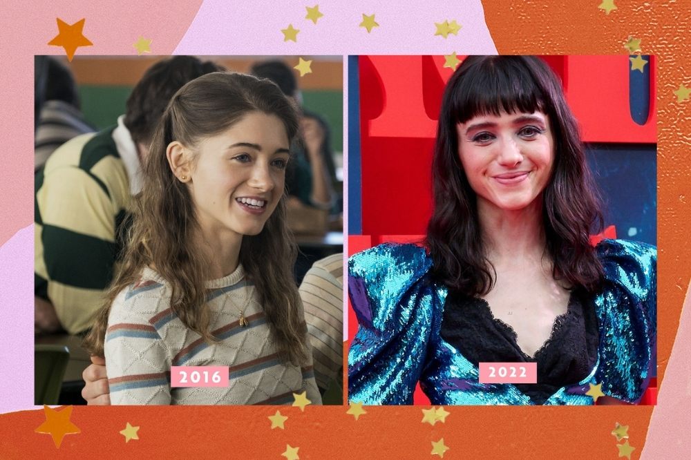 Natalia Dyer em 2016 e, atualmente, em 2022.Montagem com borda colorida com as cores laranja rosa e estrelas mostrando as diferenças na aparência do elenco de stranger things.