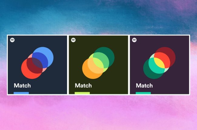 spotify match Três logos do Spotify Match com vários círculos sobrepostos em diferentes cores em um fundo de textura nas cores azul, roxo, branco e rosa