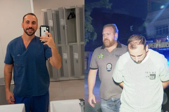 Imagens de Giovanni Quintella Bezerra, médico anestesista preso em flagrante por estupro de vulnerável. Ele é um homem branco, por volta dos 30 anos, com cabelo curto e barba