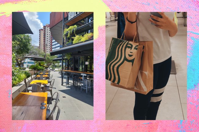 Blog da galera dicas de fotos Montagem de fotos de um restaurante de uma garota segurando uma sacola do Starbucks