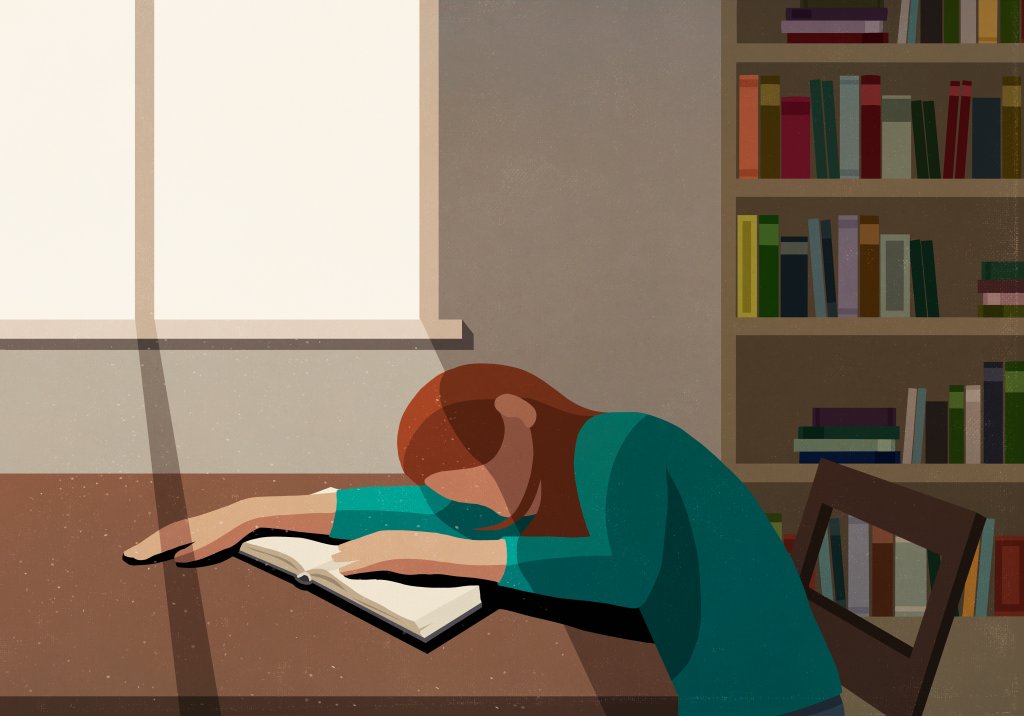 Ilustração de uma garota dormindo apoiada em uma mesa com um caderno