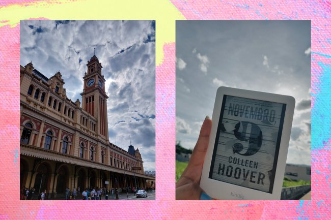 Montagem de fofos com duas fotos contra o sol. Na esquerda, a fotografia de uma catedral, a direita uma foto do livro “novembro 9” da autoria Colleen Hoover