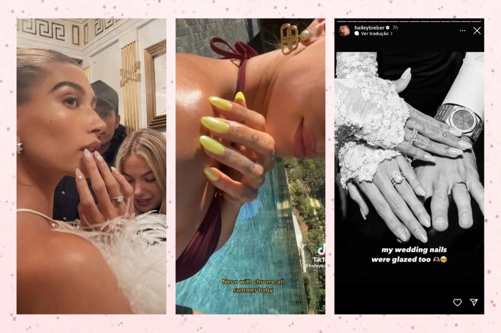 Saiba como reproduzir a glazed donut nails, unha perolada de Hailey Bieber (2) Montagem em fundo rosa com textura roxa com pinceladas de tinta três fotos da modelo e criadora da marca de skincare Rhode,Hailey Bieber, com glazed donut nails.