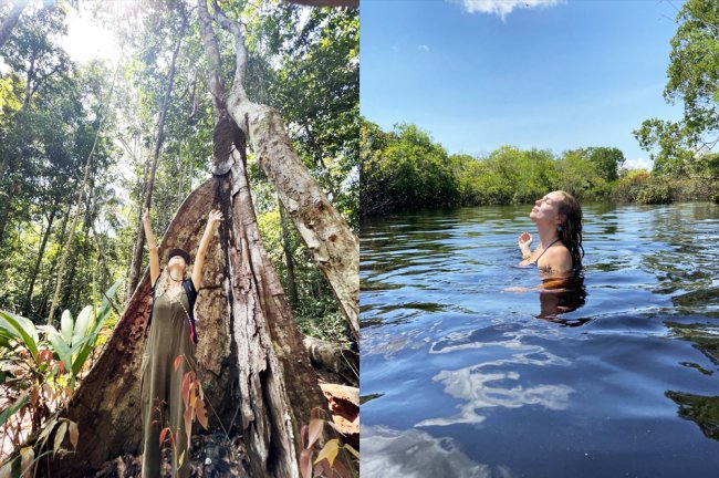 Até quando vamos continuar desumanizando o debate climático e ambiental? Fotos da Isa Otto no meio da Amazônia. Ela posa sobre uma árvore e nada no Rio Negro