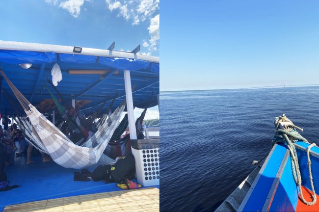 Fotos de um redário em um barco típico do Amazonas