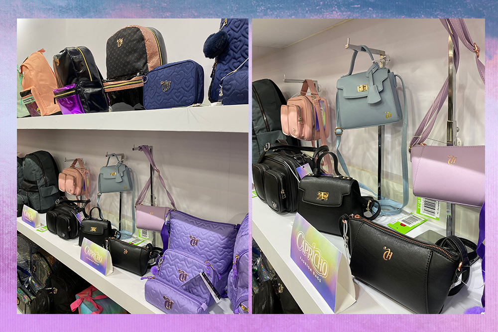 Montagem em fundo degradê roxo e azul com fotos de mochilas, bolsas e estojos da coleção 2023 da CAPRICHO para Sestini