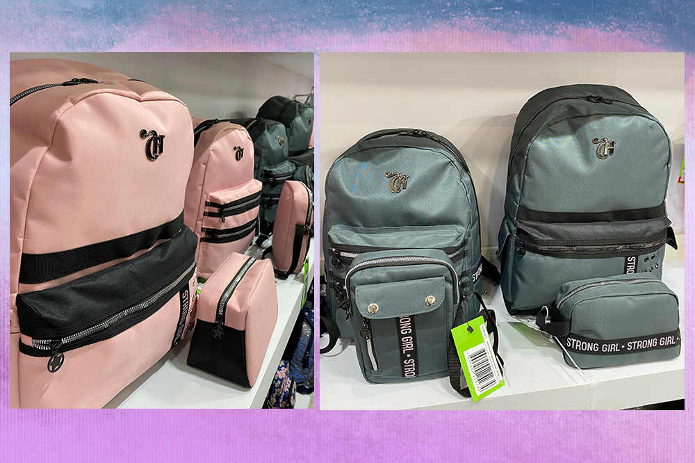 Montagem em fundo degradê roxo e azul com fotos de mochilas da coleção 2023 da CAPRICHO para Sestini