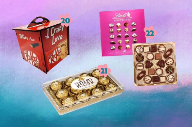 sugestoes-presentes-dia-dos-pais-6 Montagem com o fundo em degradê de roxo com azul com quatro opções de chocolates para presentear no Dia dos Pais