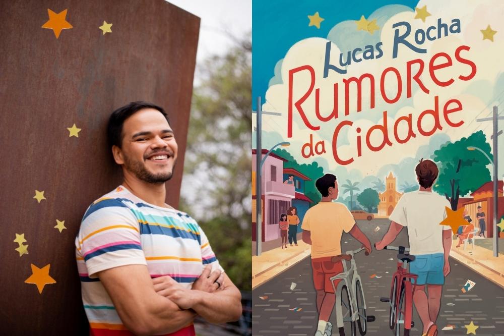 Montagem com a foto do autor Lucas Rocha na esquerda e foto de seu novo livro "Rumores da Cidade" na direita.