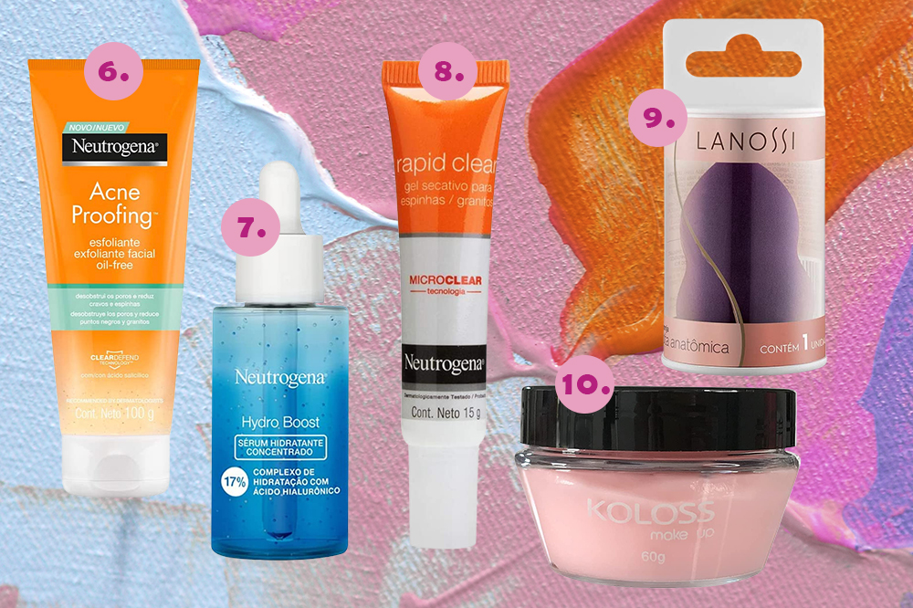 Produtos de beleza com desconto na semana do cliente na Amazon em montagem com fundo azul, rosa e laranja com estrelinhas douradas