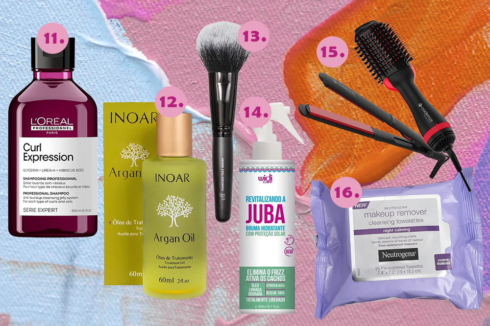 Produtos de beleza com desconto na semana do cliente na Amazon em montagem com fundo azul, rosa e laranja com estrelinhas douradas