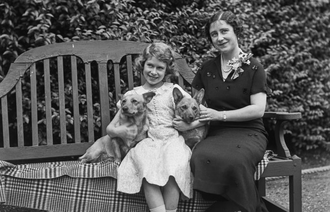 Lisa Sheridan/Studio Lisa/Hulton Archive Foto da Rainha Elizabeth II ainda criança, segurança seus primeiros corgis, Dookie e Jane. A imagem é em preto e branco, e a rainha está sentada em um banco ao lado da mãe