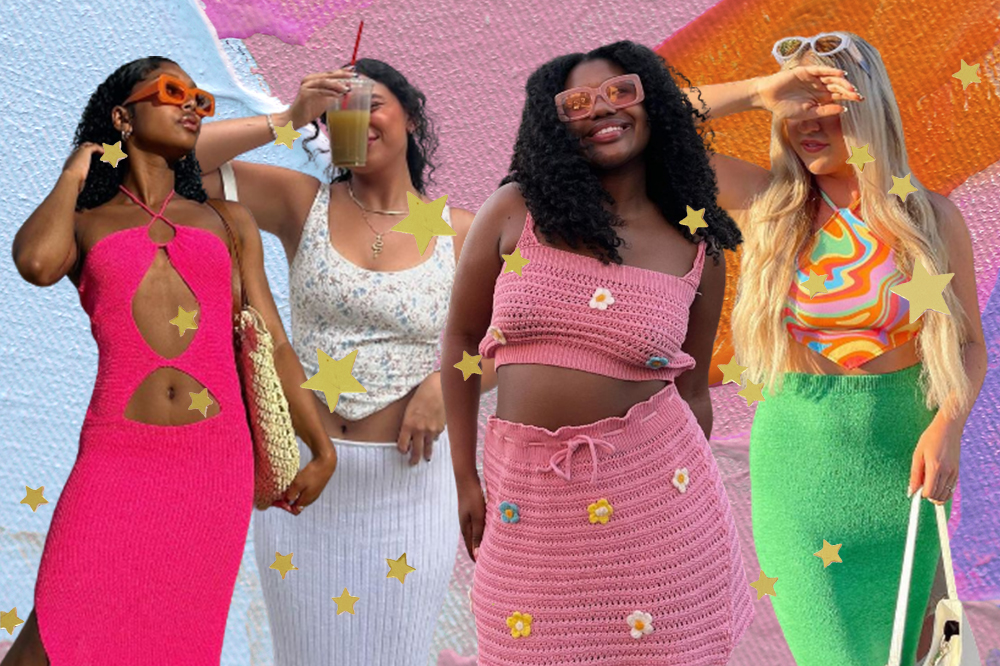 Montagem em fundo azul, rosa e laranja de quatro garotas usando looks com tendências de primavera