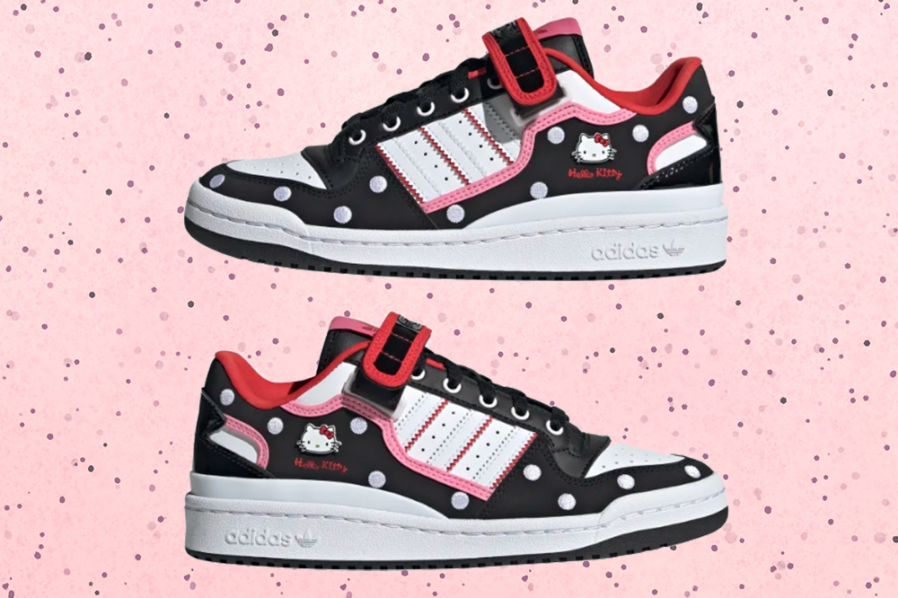tenis-colecao-adidas-hello-kitty-04 Tênis Forum Low da coleção da Adidas com a Hello Kitty em fundo rosa com bolinhas
