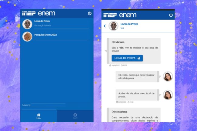 Enem como verificar o local de prova Prints da página do participante do site do INEP em um fundo azul