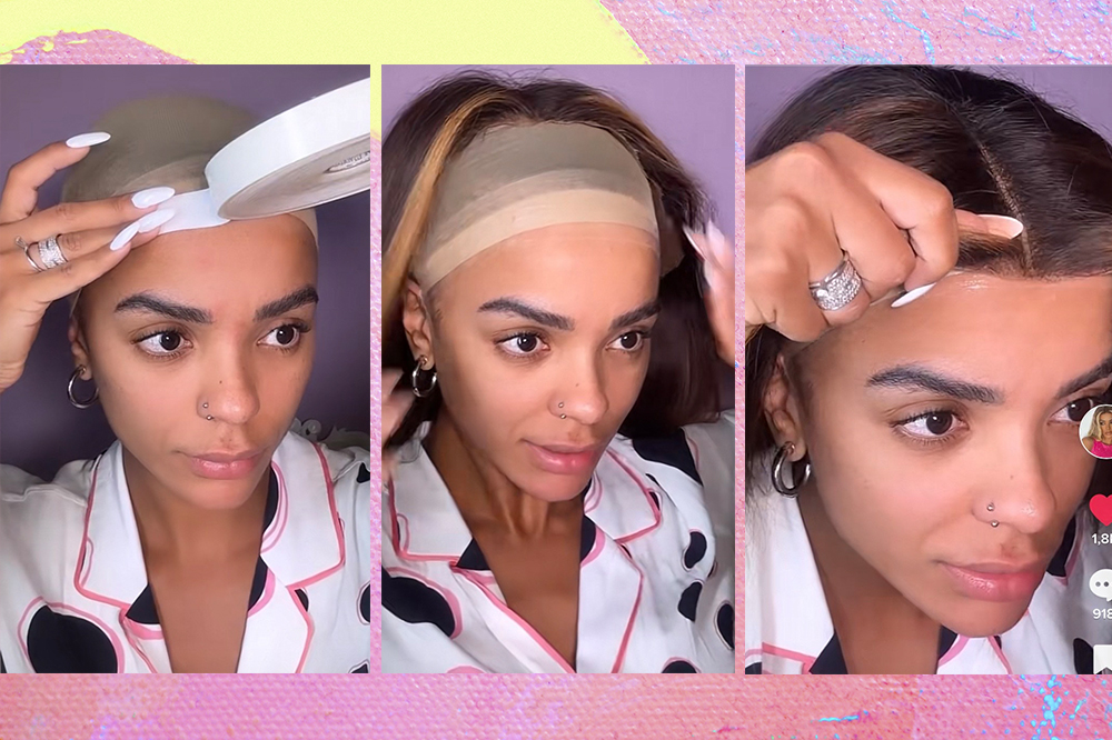 brunna-goncalves-dicas-colocar-lace-cabelo Montagem em fundo rosa, amarelo e azul de três capturas de tela de vídeo em que Brunna Gonçalves mostra como coloca lace em seu cabelo
