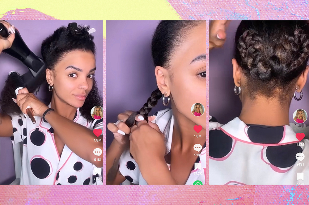 brunna-goncalves-dicas-lace-cabelo Montagem em fundo rosa, amarelo e azul de três capturas de tela de vídeo em que Brunna Gonçalves mostra como coloca lace em seu cabelo