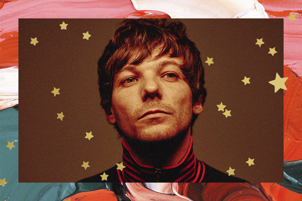 Foto de Louis Tomlinson em montagem com fundo vermelho, rosa e verde e estrelinhas douradas