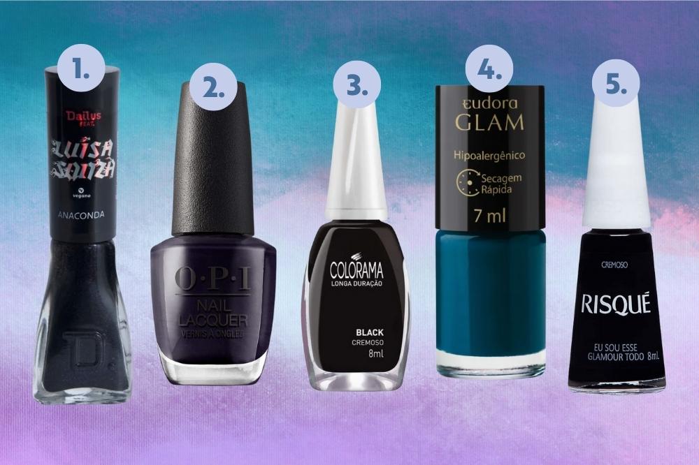 Cinco esmaltes nas cores azul escura e preta em fundo degradê azul e lilás