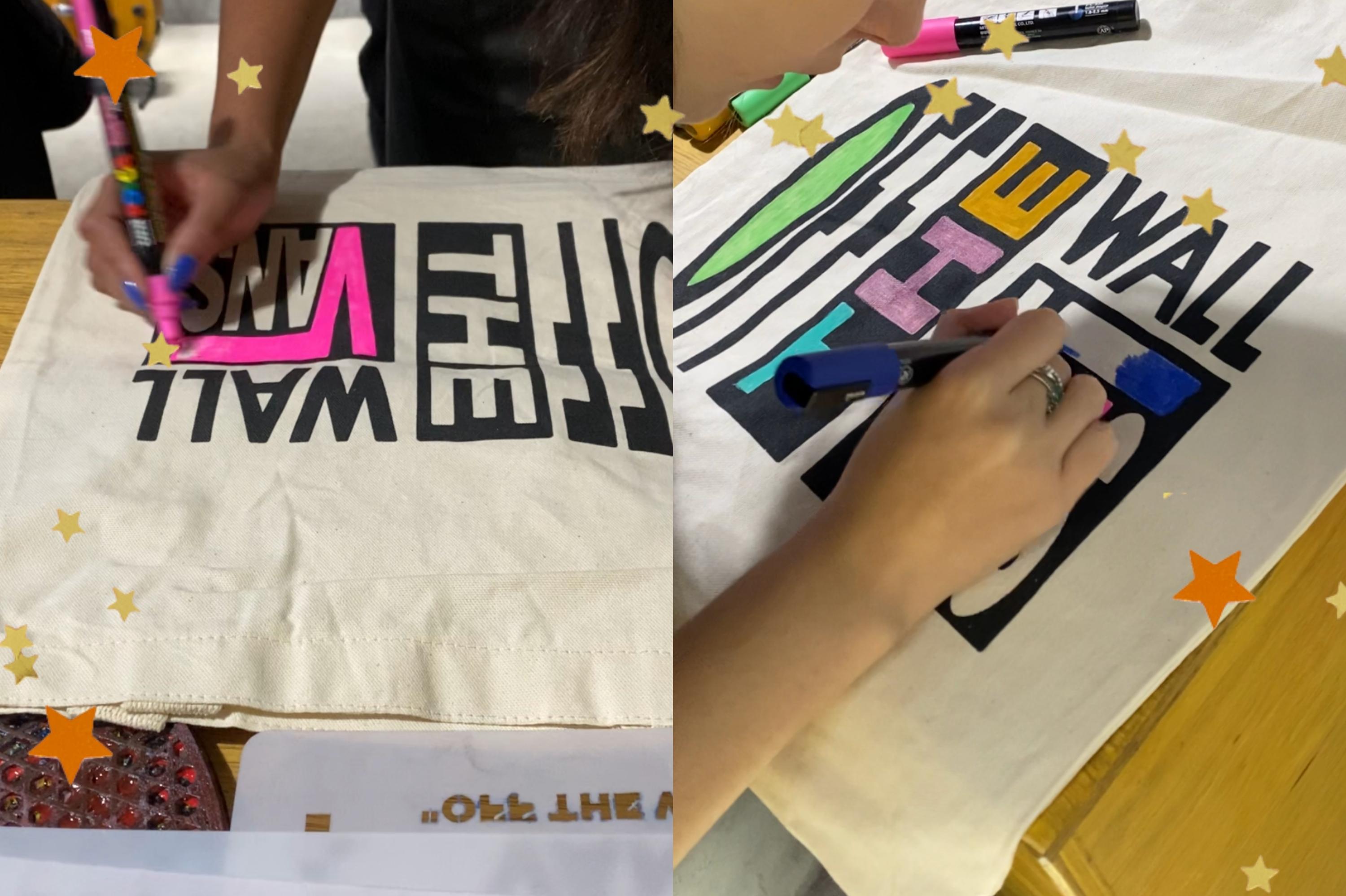 oficina-customizacao-de-ecobag-com-mottilaa Montagem com duas imagens de uma ecobag sendo personalizada com caneta posca.