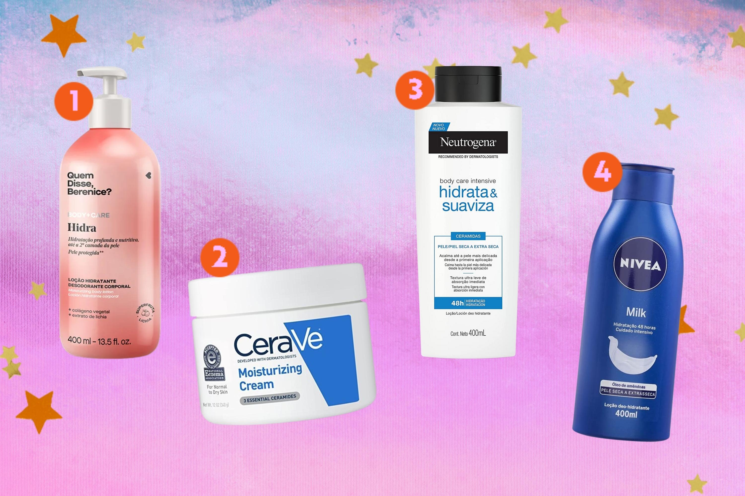 opcoes-de-cremes-hidratantes-corporais Montagem com o fundo degrade em tons de lilás e rosa com quatro opções de hidratantes corporais em creme