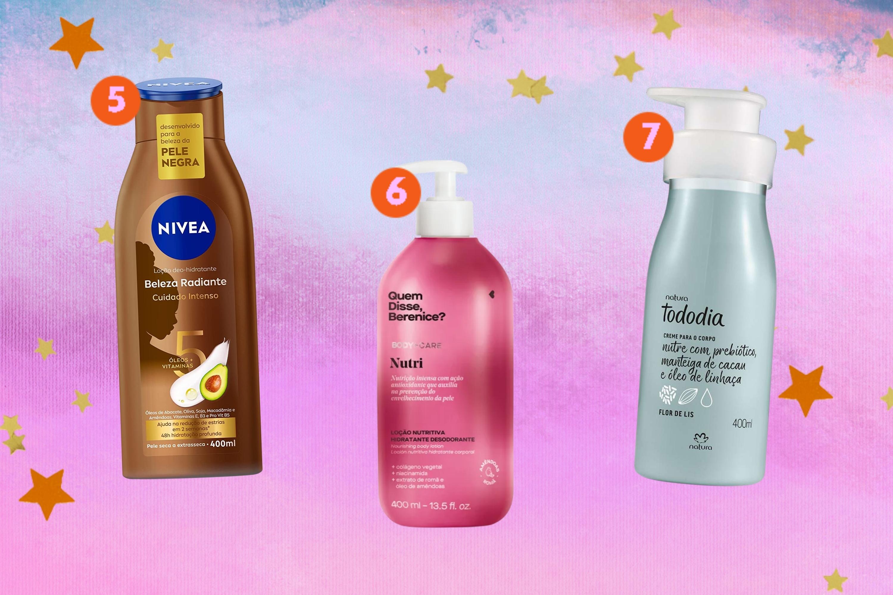 opcoes-de-cremes-nutritivos-corporais Montagem com o fundo degrade em lilás e rosa com três opções de cremes nutritivos corporais no centro